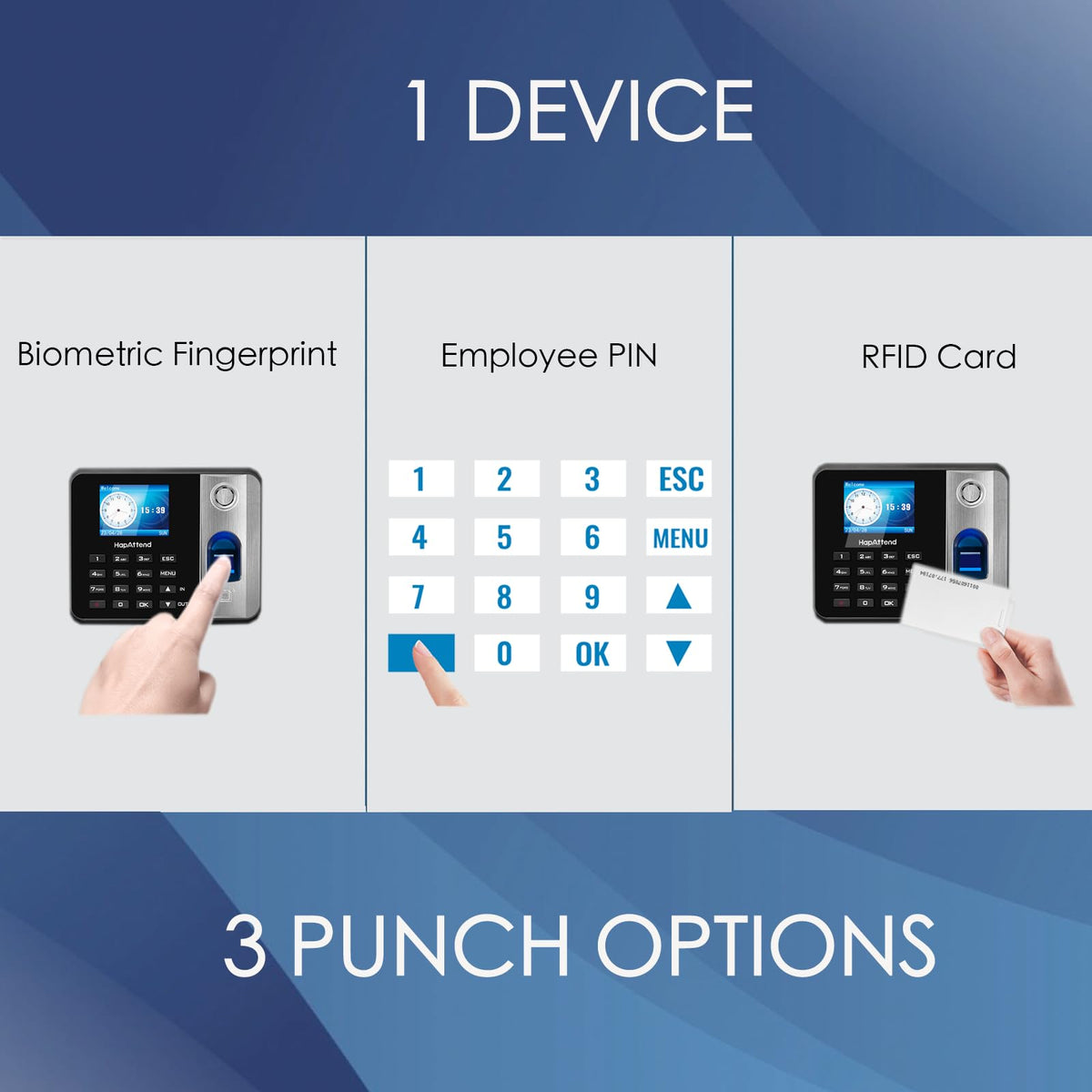 HapAttend Time Clock - Fingerprint Time Clocks for Employees Small Business Automatic Calculate Hours, No WiFi H1 Standalone Biometric Clock in Machine for Employees with 5 RFID Cards (0 Monthly Fees)