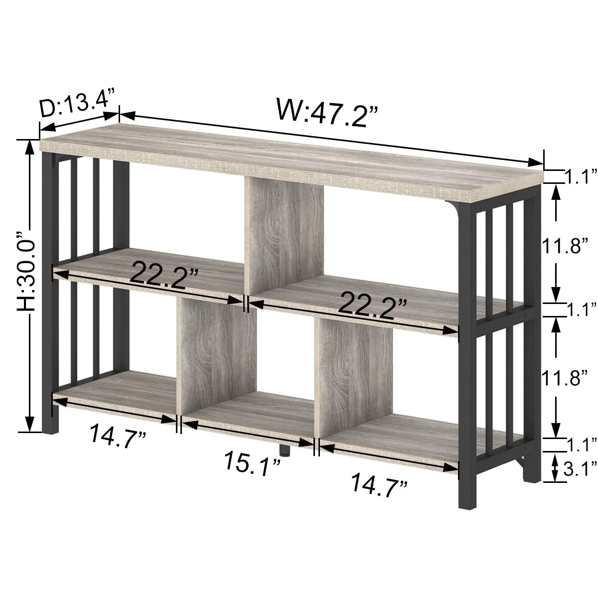 IBF Industrial Horizontal Bookshelf, Modern 5 Cube Storage Organizer Open Shelf, Low Wide Cubby Bookcase for Home Office Living, Wooden Metal Short Book Shelf Bedroom Storage, Light Grey Oak, 47 Inch