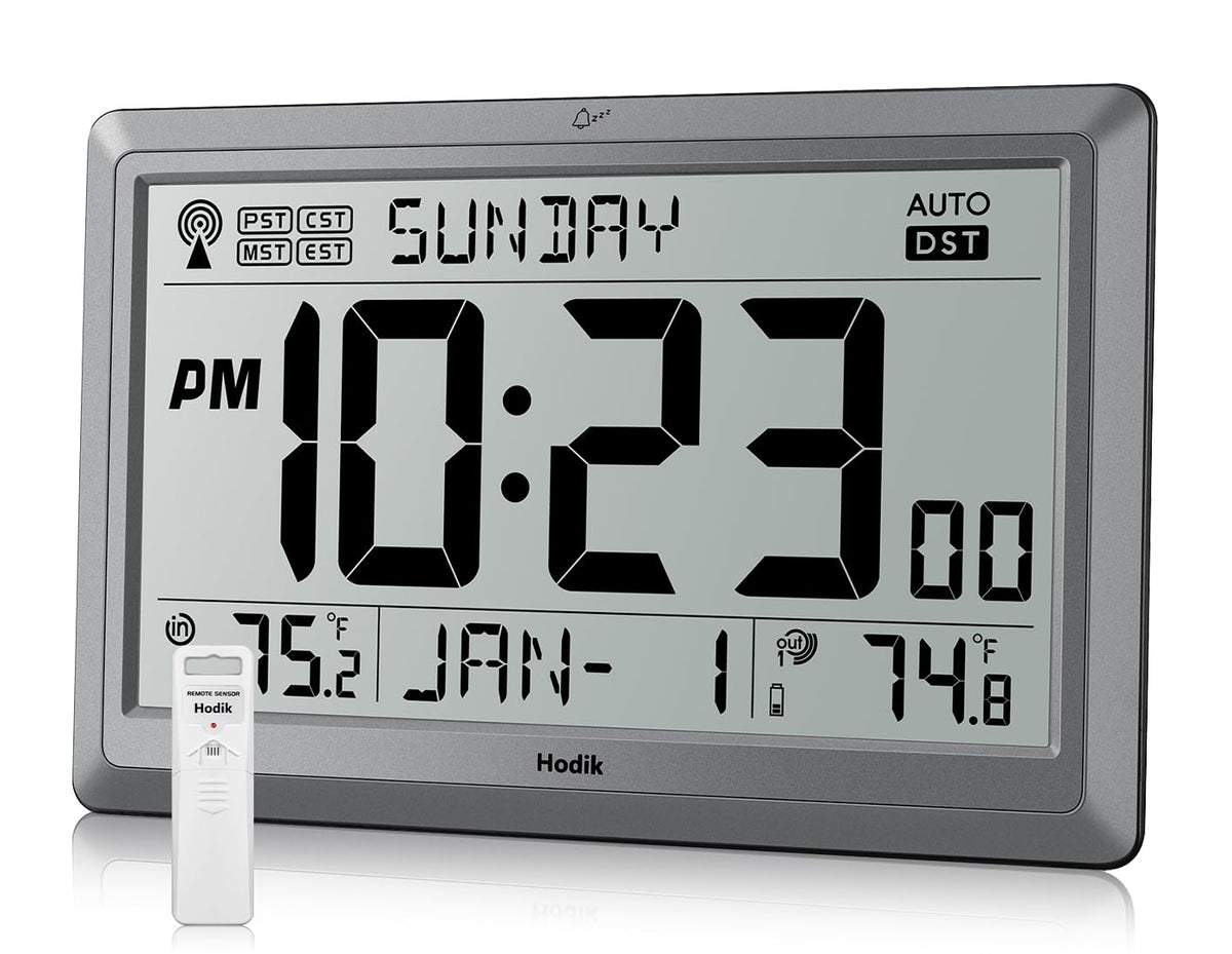 HODIK Wall Clock Atomic with Indoor Outdoor Temperature Battery Powered, Easy Reading with 10.5 Inch LCD Display, 330FT Range Table Wall Clock with DST, 12/24 Hour for Living Room Kitchen (Silver)