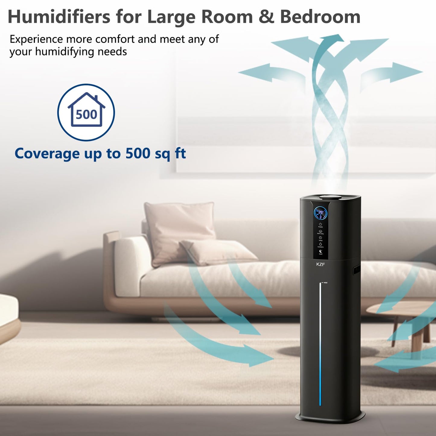 KZF 9L Smart Humidifiers for Bedroom Large Room, 2.3Gal Cool Mist Top Fill Diffuser App & Remote Control, 3 Mist Modes, Quiet Humidifier for Home Office Plant (Black, Remote Control)