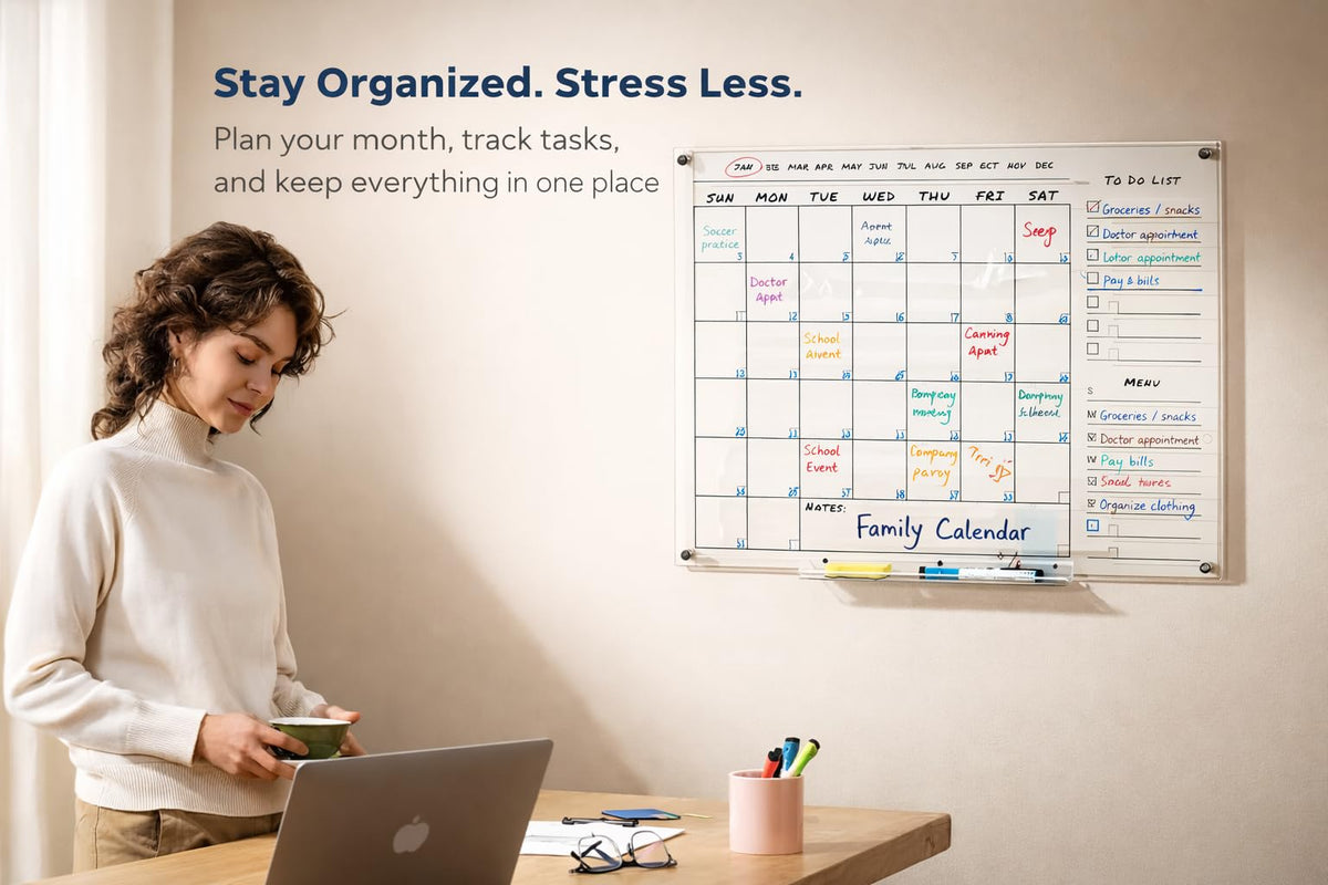 Acrylic Wall Calendar – Medium Clear Dry Erase Wall Calendar 24x18 – Acrylic Monthly Wall Planner for Home, Office & Family – Reusable Transparent Wall Calendar with Markers