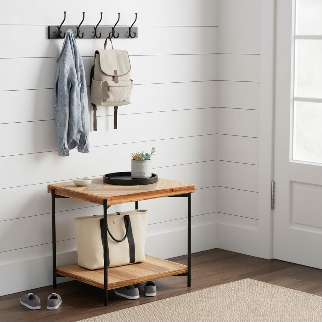 CONSDAN StoneCreek End Table 23 inch, Solid Fir Wood Side Table with Metal Frame, 2-Tier Storage Shelf, Square Nightstand for Living Room, Bedroom & Office, Rustic Style