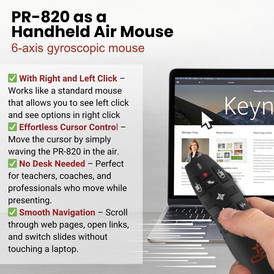 PR-820 Presentation Clicker for Mac – Smartboard Remote PowerPoint Clicker with Laser Pointer & Air Mouse, Compatible with Keynote, Google Slides, MacBook & PC