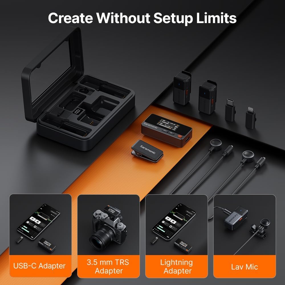 Saramonic Air Wireless Microphone for iPhone/Camera/Android, 11g Ultralight, 48kHz/24-bit,120dB Max SPL, 2 Lavalier Microphones, 300m Range, Noise Cancelling, Vlog, Streaming