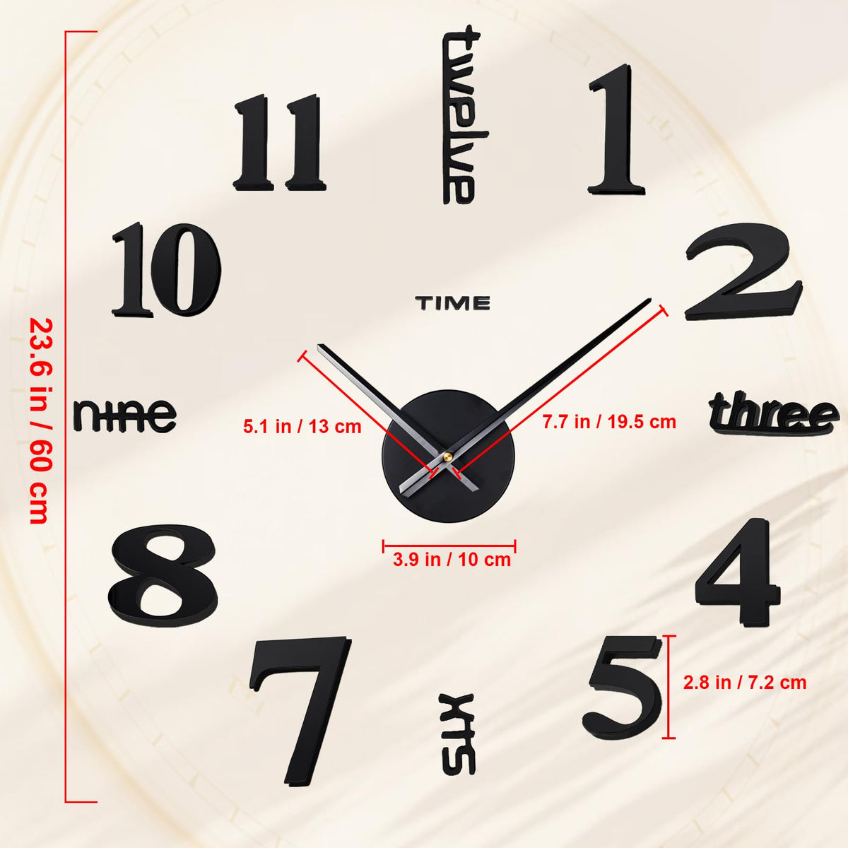 AILILIFE 20-28 Inch DIY Wall Clock 3D Frameless Silent Non-Ticking, Modern Battery Operated Wall Clocks for Living Room, Bedroom, Office, and Home Decoration (Black)