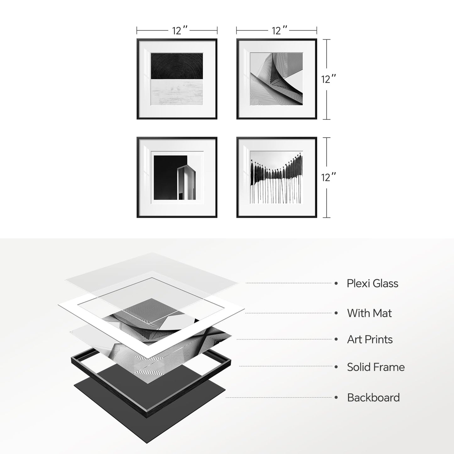 Framed Modern Canvas Wall Art Set of 4 Piece, Black and White Abstract Picture Prints, Geometric Line Minimalist Paintings Artwork for Bedroom, Living Room, Hallway and Office 12x12 Inch