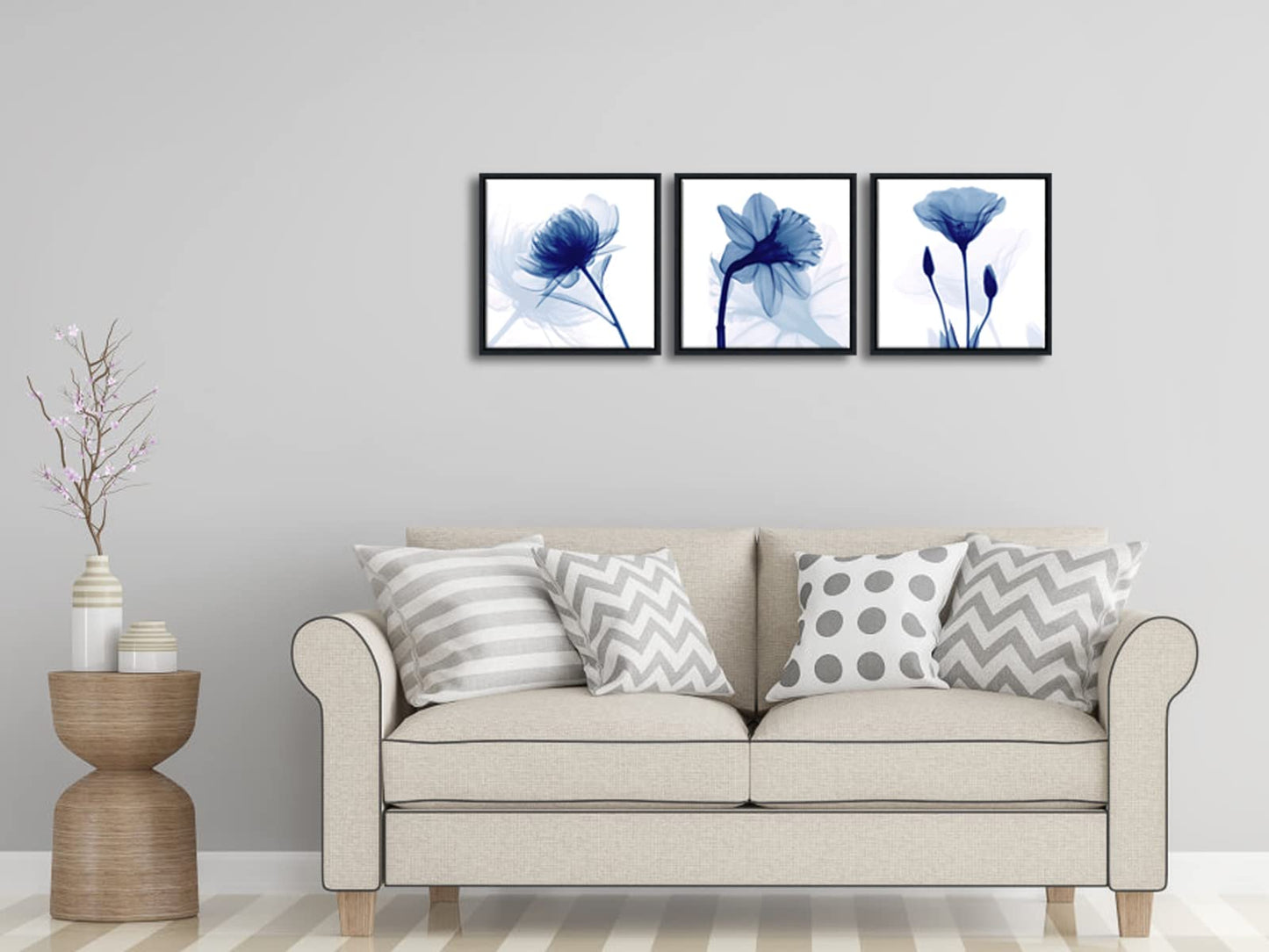 Wieco Art Framed Blue Abstract Flowers 3 Panels Canvas Prints Wall Art Modern Pictures Artwork for Living Room Bedroom Home and Office Decorations with Black Frame