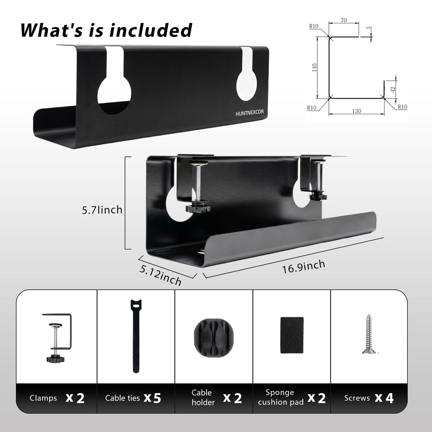 No Drill Under Desk Cable Management Tray with Clamp, Home/Office Desk Cord Organizer and Accessories Storage Shelf, 17'' Metal Cable Organizer for Standing/Gaming Desk, Office Supplies, Black 1 Set