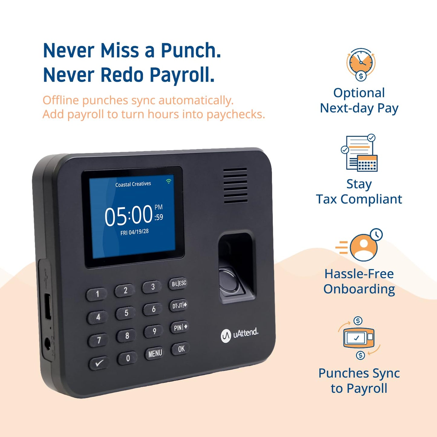 uAttend RE2000 Biometric Time Clock for Employees – Fingerprint + PIN Punching, Wi‑Fi Cloud Time & Attendance System with Offline Storage, Payroll-Ready – Small Business Time Tracking