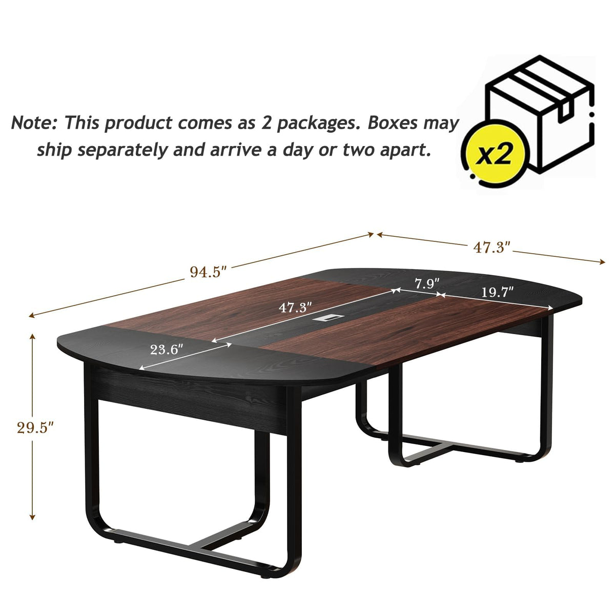 8FT Conference Table, 94.5" D x 47.3" W x 29.5" H Oval Meeting Table with Rectangle Grommet, Modern Seminar Boardroom Table for Office Conference Room (8ft, Walnut & Black)