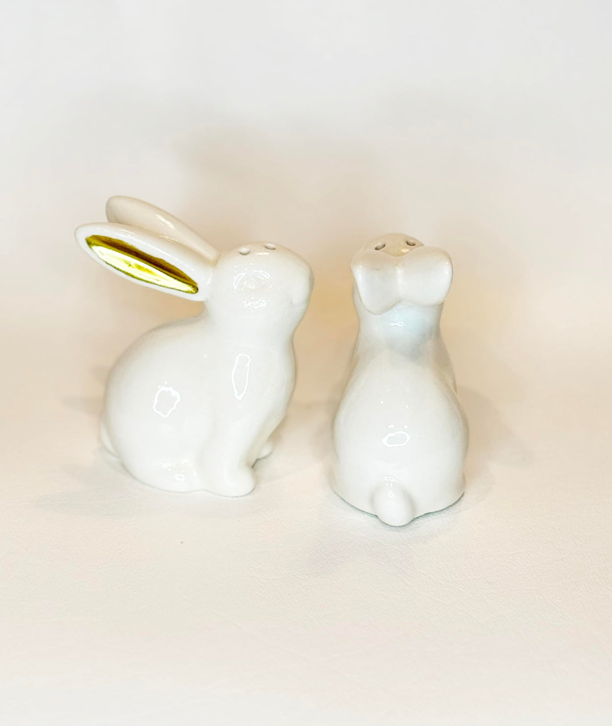 White Ceramic Easter Bunny Salt and Pepper Shaker Set with Gold Metallic Ears, 3" High, 2 Piece with Gift Box