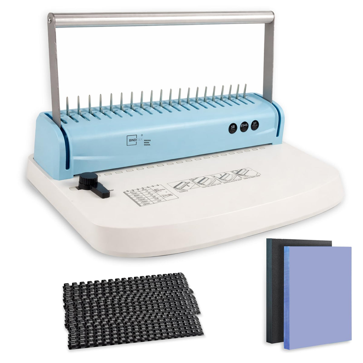 Binditek Binding Machine, 19-Hole, 145 Sheets, Comb Binding Machines with 50 PVC Binding Covers (8Mil), 50 Sand-Textured Polycovers (12Mil) and 50 PCS 1/2" Binding Combs, for Letter Size, Fixed Margin