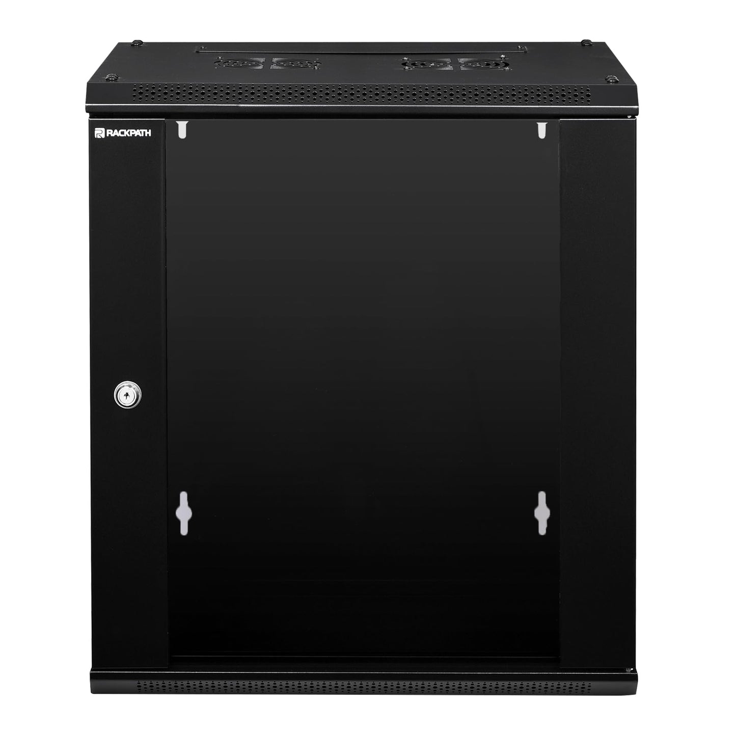 RackPath 12U Wall Mount Network Rack Cabinet – Quiet Cooling Fan, Locking Glass Door, 17.7" Deep (450mm), Removable Locking Side Panels, Fits 19" IT & A/V Equipment