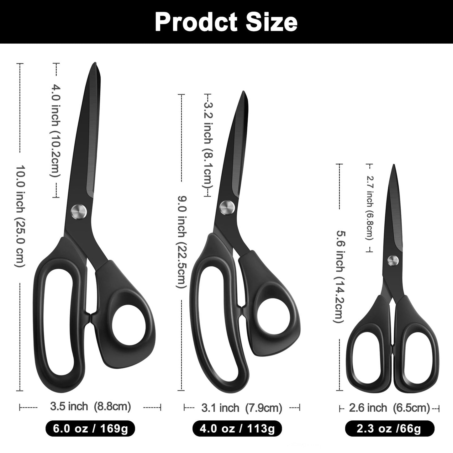 Zicolu Premium Proseries Sewing Fabric Scissors Bundle (10"/9"/6"), Black Office Scissors All Purpose, Sharp Titanium Coated Blade, Comfort Grip Soft Handles for Diy Craft, Paper, Art, School, Home