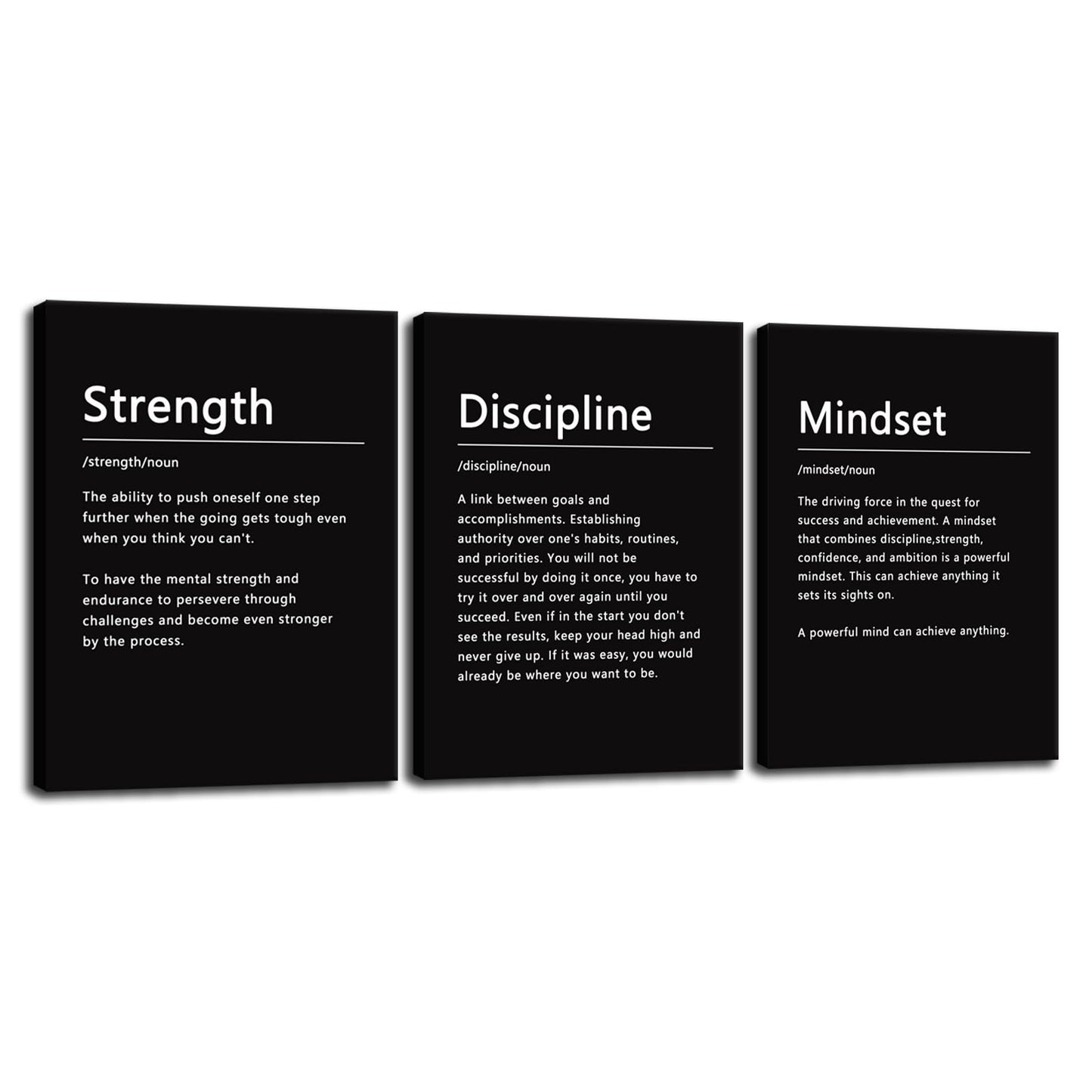 Strength Discipline Mindset Noun Inspirational Painting Wall Art 3 Pieces Canvas Print Office Wall Decor Poster Inspiring Framed Motivational Quotes for Wall Art Decoration Ready to Hang[36''Wx 16''H]