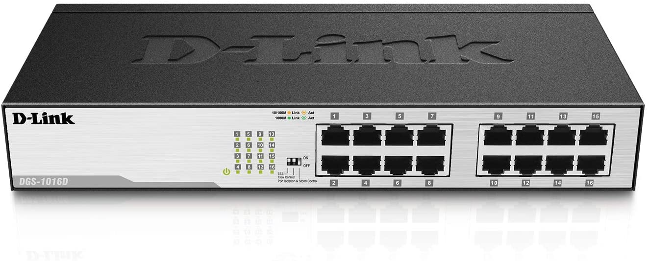 D-Link Ethernet Switch, 16 Port Gigabit Unmanaged Fanless Network Hub Desktop or Rack Mountable (DGS-1016D)