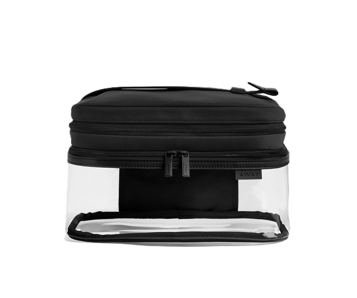 Away Clear Cosmetic Case for Travel, TSA Approved Double Compartment Makeup & Cosmetic Organizer with Leather Handle, Transparent Carry-On Pouch for Toiletries, Brushes & Essentials