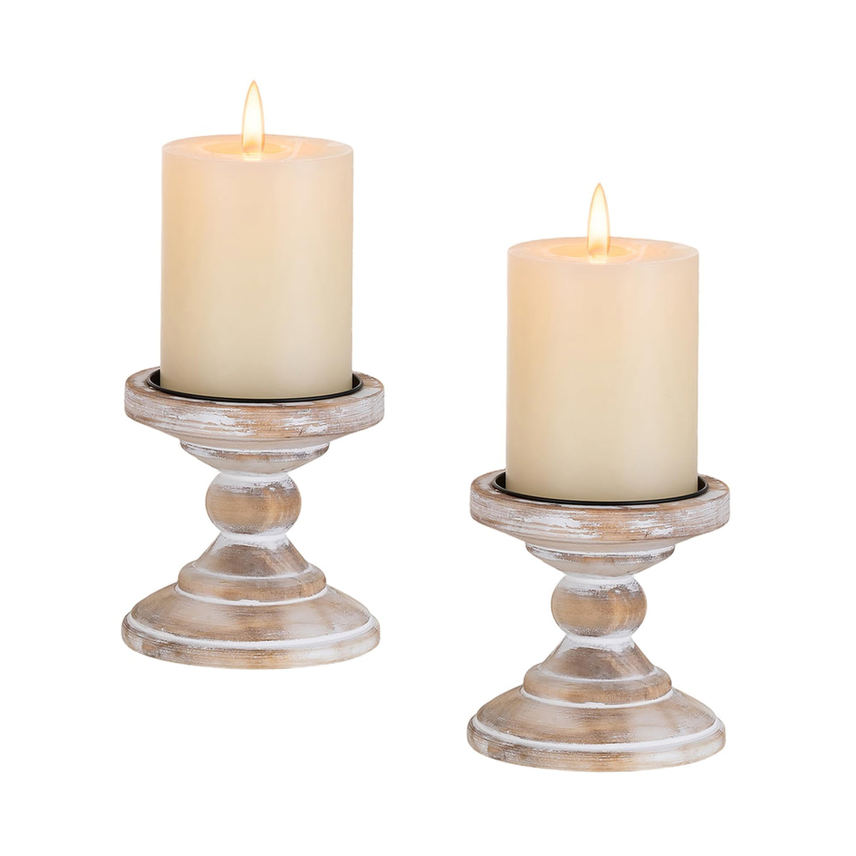 Inweder Wood Pillar Candle Holder: 2Pcs Rustic White Candle Holders for Pillar Candles Wood Candle Holders Distressed Wooden Farmhouse Candle Holder Large Rustic Candle Holder for Fireplace Table
