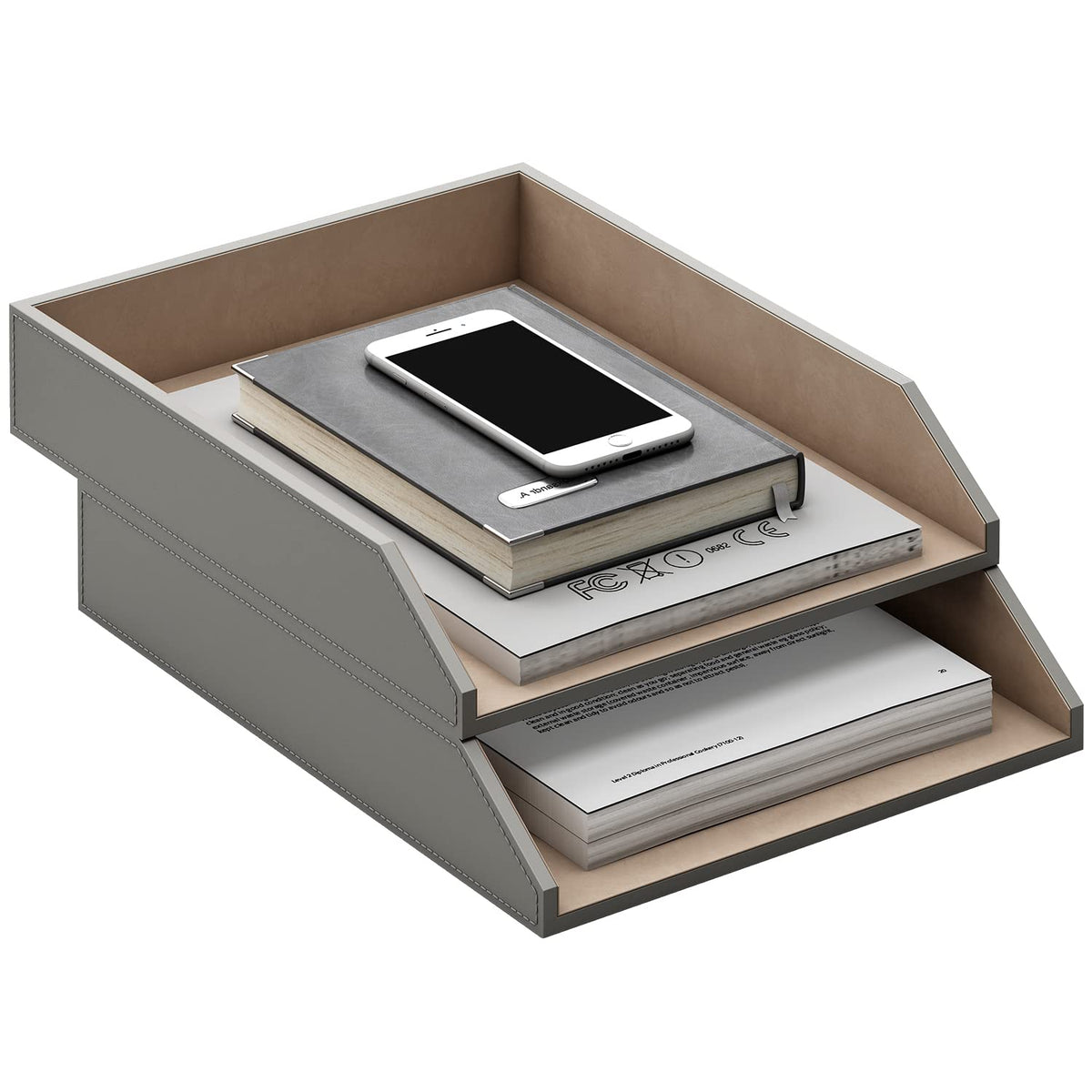 Leather Letter Tray, Thipoten Stackable Desk Organizer Holder for Office Supplies, Paper, File, Magazine, Perfect Office Organization for Desktop (Grey)