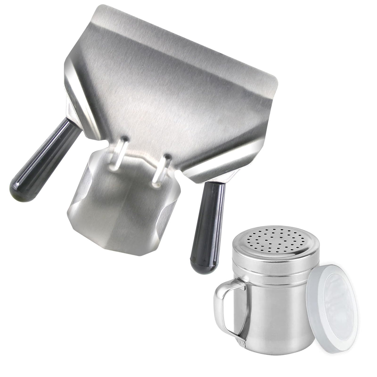 CNQLIS Double Handle Popcorn Scoop and Salt Shaker, Stainless Steel, Silver, 1 Count