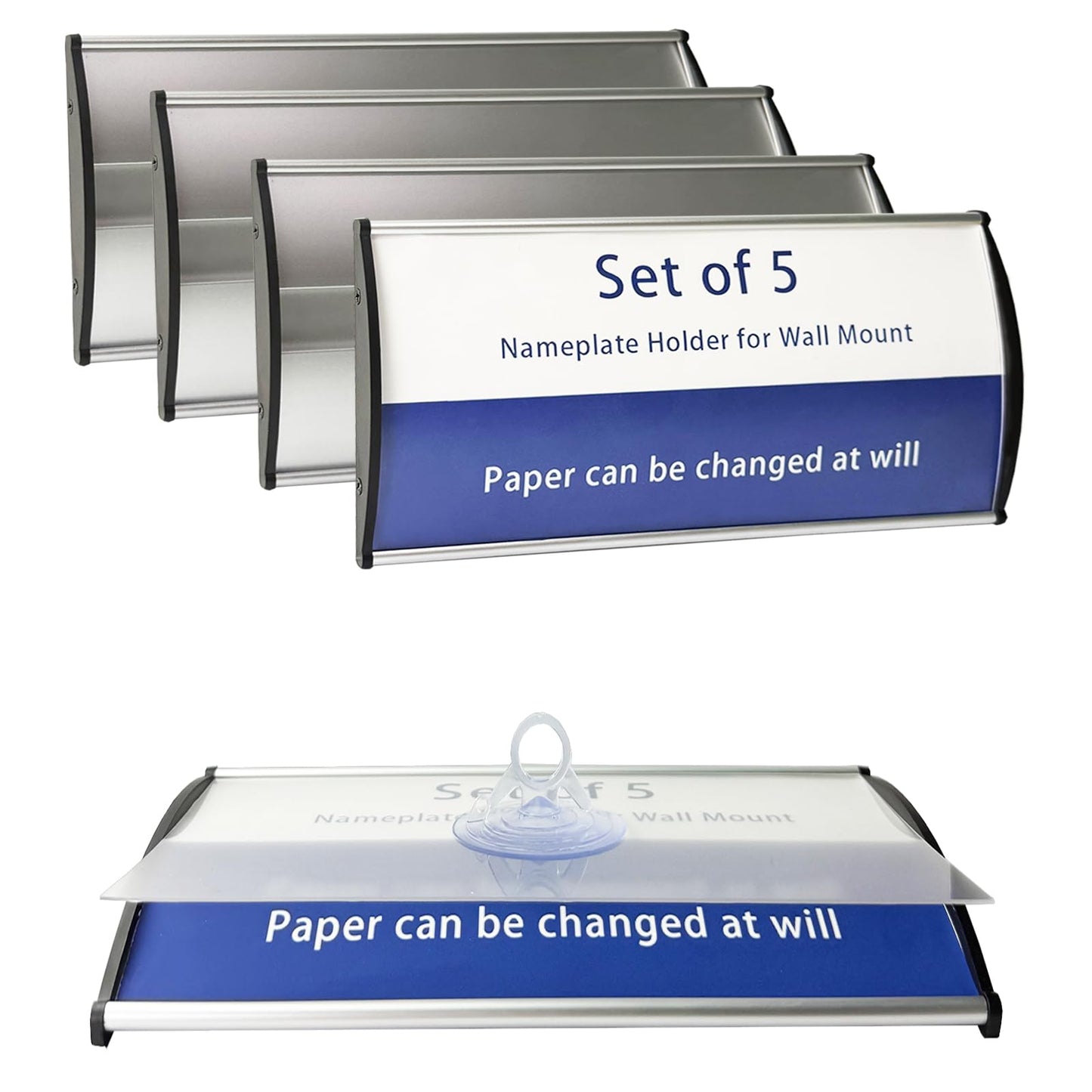 Set of 5 Curved Name Plate Holder 8" x 4" Wall Mount Office Business Door Sign Holder Aluminum Sturdy Office Sign Frame with Adhesive Tape Film for Business Cubicle Custom Display - Silver