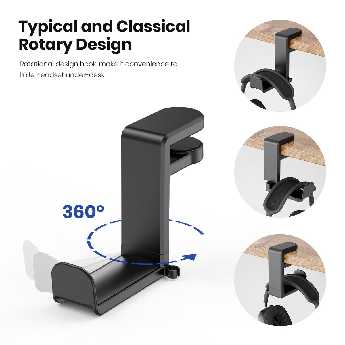 EURPMASK Rotating Headphone Stand - PC Gaming Headset Holder, Adjustable Clamp-on Under Desk Hanger With 360 Degree Swivel & Cable Clip Organizer - Black