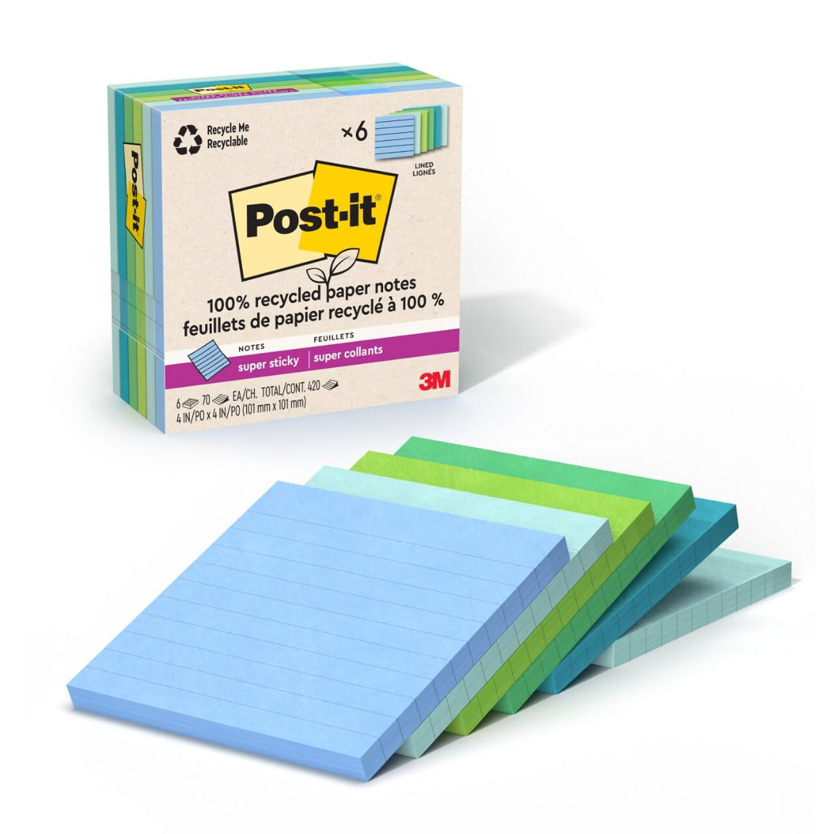 Post-it 100% Recycled Paper Super Sticky Notes, Lined, 4 in. x 4 in., 6 Pads, 70 Sheets per Pad, Oasis Collection, School Supplies and Office Products