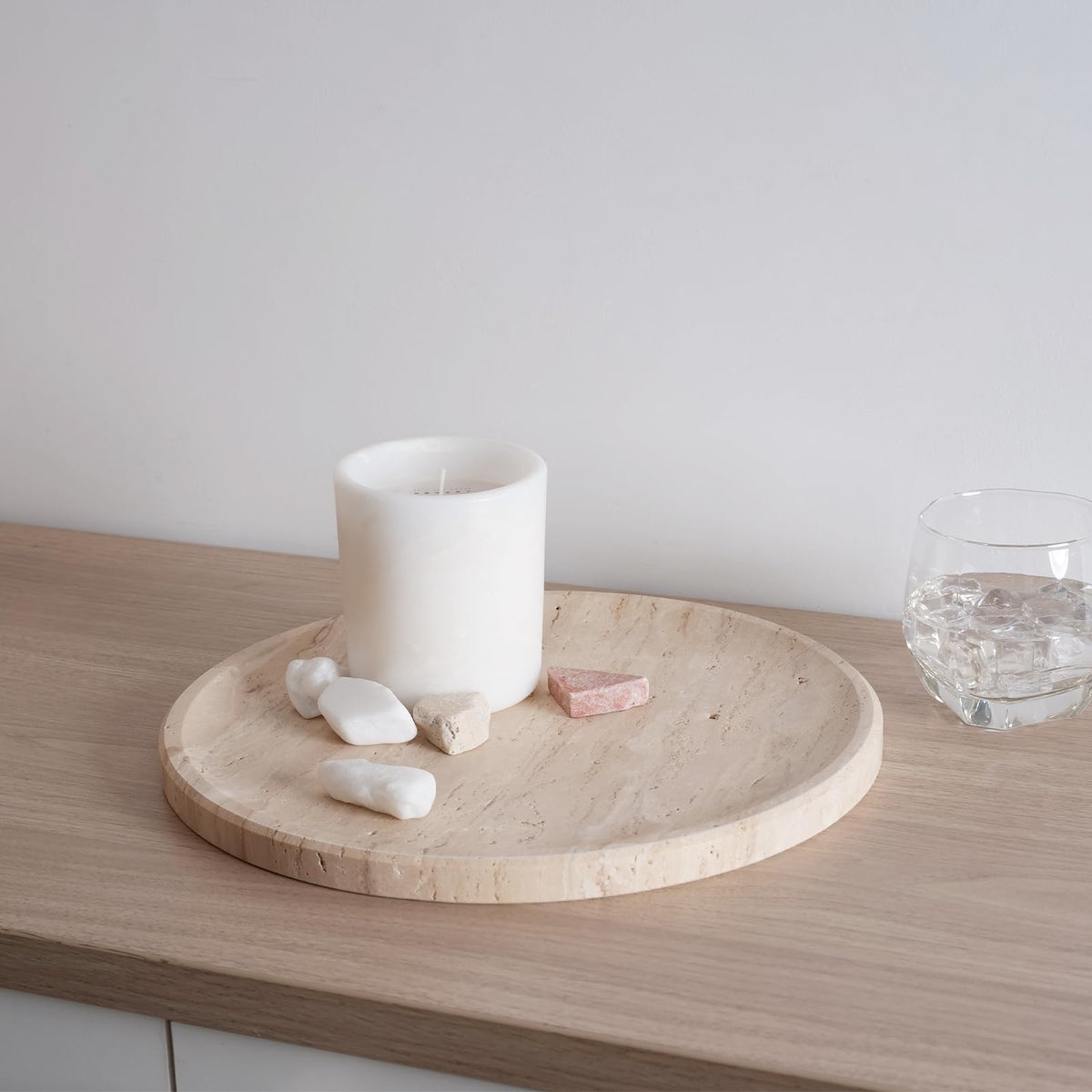 Travertine Tray, 11.8"x0.8" Round Serving Tray for Kitchen and Coffee Table, Bathroom Trays for Counter, Decorative Vanity Trays, Catchall Fruit and Snack, Light Beige Ottoman Tray