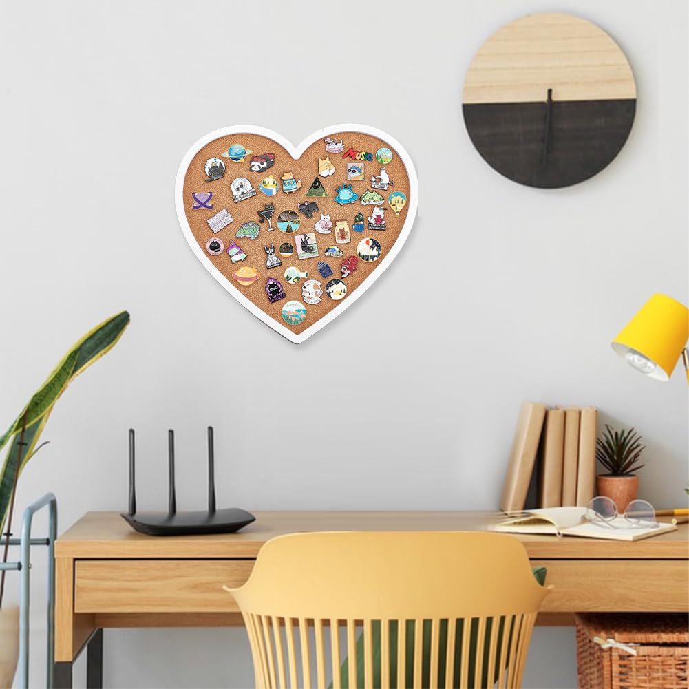 BENECREAT White Heart Pin Cork Board, 0.7 Inch Thick Bulletin Display Board with White Frame for Brooch Pin Storage, Office Home Festival Valentine's Decor, 11.8x10.7 Inch
