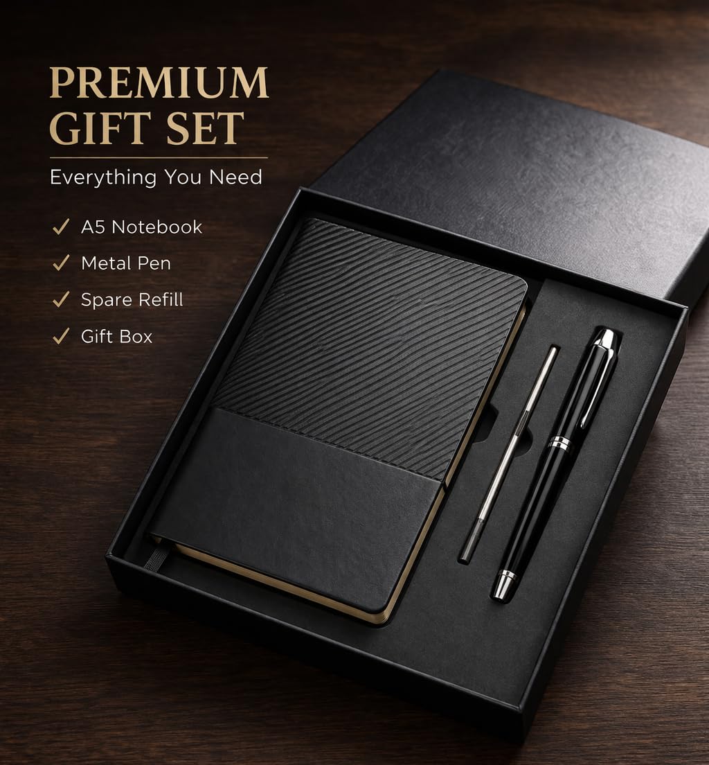 Business Office A5 Soft Leather Notebook Gift Set with Pen, Black, Professional Stationery Set with Premium Pens