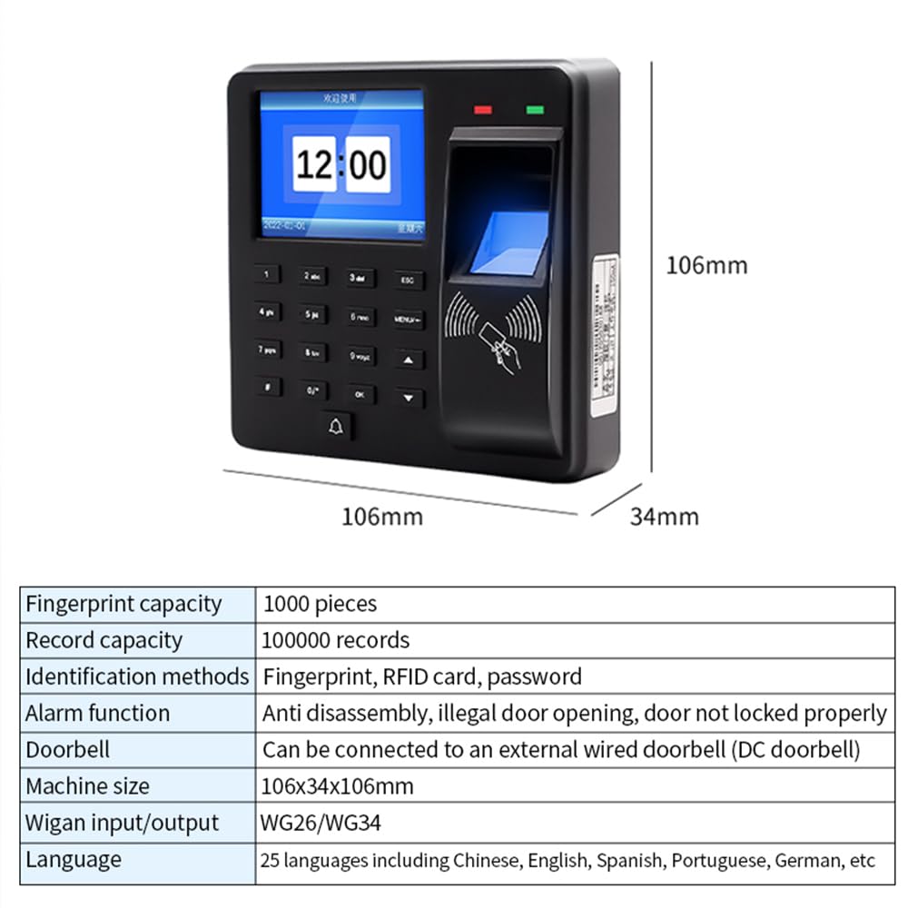 Access Control Time Attendance Machine Fingerprint Recognition/Password/Card Time Clock Employee Check-in Recorder with 10PCS Thick Card