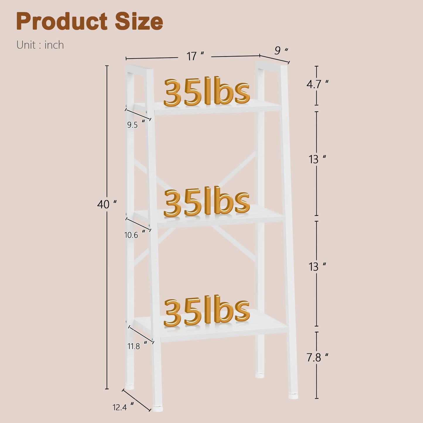 Hoctieon 3-Tier Industrial Ladder Bookshelf, Narrow Ladder Shelf, Tall Standing Bookshelf, Skinny Open Ladder Shelf, for Living Room, Home Office, Kitchen, Bedroom, Metal Frame, White