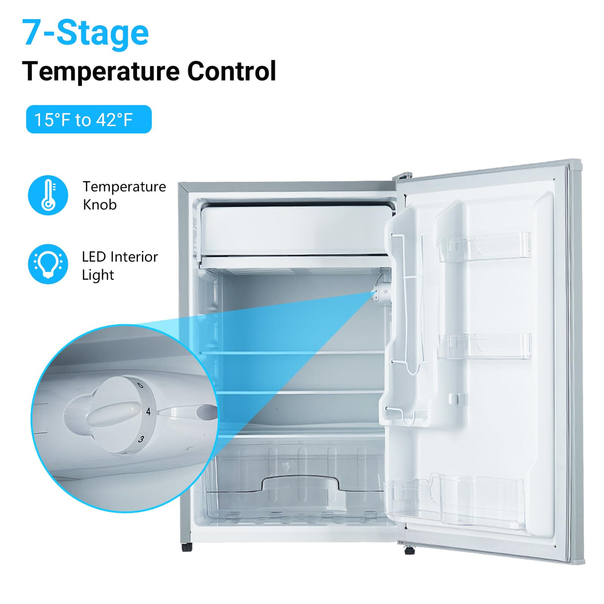 MegaChoice 4.3 Cu.ft Mini Fridge with Freezer, Compact Refrigerator with 7-Level Temperature Control, Single Door Design, Removable Glass Shelves and Crisper Drawer for Bedroom, Dorm, Office, White
