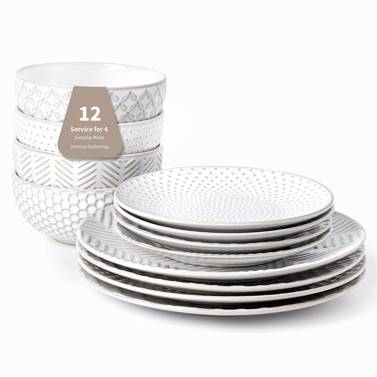 FOBENTA 12 Piece Embossed Dinnerware Sets for 4, Elegant Plates and Bowls Sets, Microwave & Dishwasher Safe, Stoneware for Stylish Home Dining–Perfect Housewarming Gift for Busy Families & Hostesses