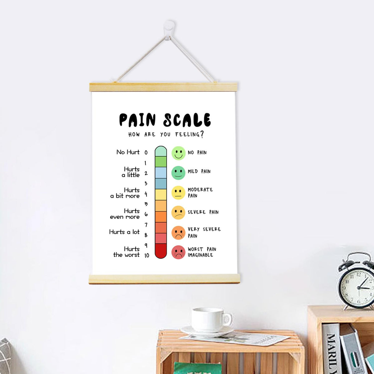 Prashimu Pain Scale Feelings Thermometer Canvas Poster - Wood Frame with Hanging Rope - Perfect for Therapy Offices & Schools 12x16 Inch