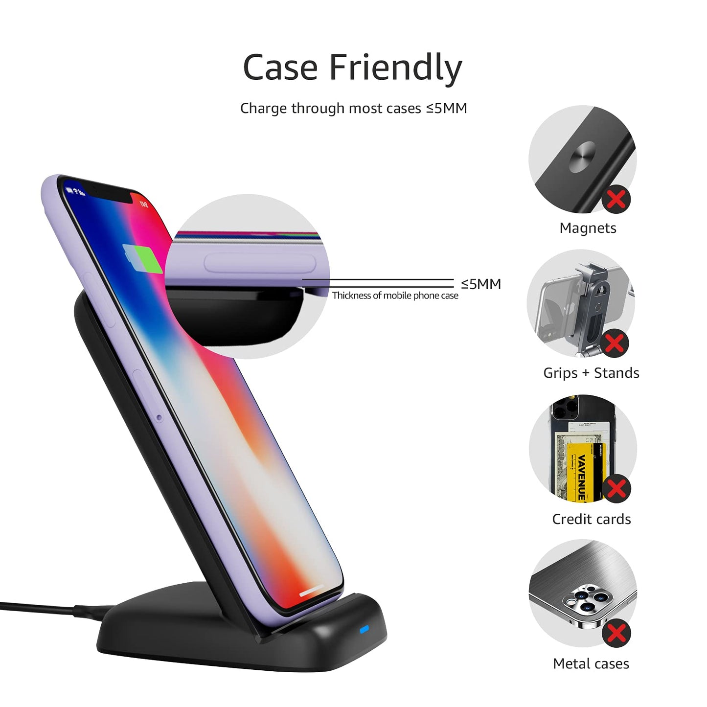 Amazon Basics 10W Qi Certified Wireless Charging Stand for Phone 16/15/14/13/12/11/X, Samsung, and More, with USB Cable, Black (No AC Adapter)