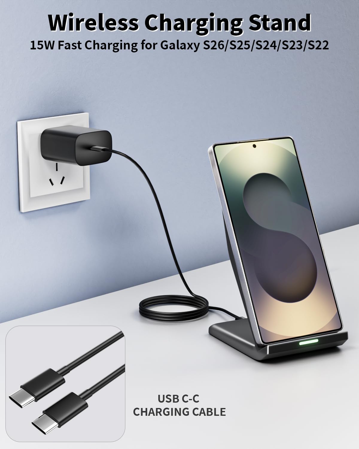 Wireless Charger Stand for Samsung,15W Max Wireless Charging Stand Desk Charging Station Android Desk Charger for Samsung S26/S25 Ultra/S24+/S23/S22/S21 FE,iPhone Air/17e/17 Pro Max/16 Pro/15/14/13/12