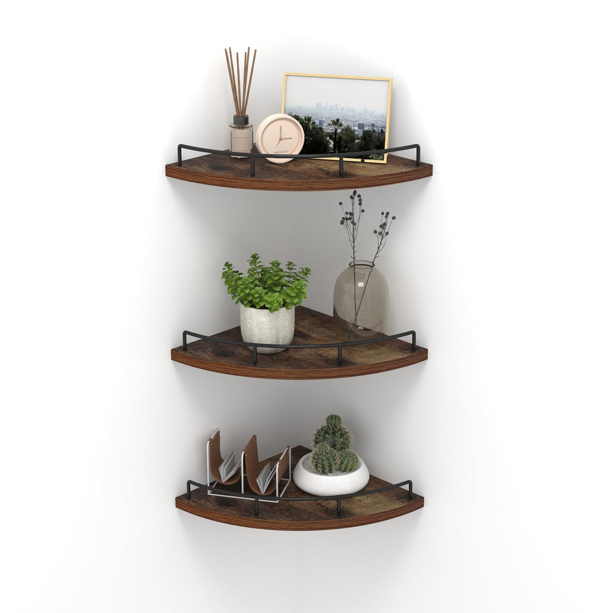 HORLIMER Floating Corner Shelf Wall Mount, Set of 3 Rustic Wood Corner Wall Shelves with Fence for Bedroom, Living Room, Bathroom, Kitchen, Brown