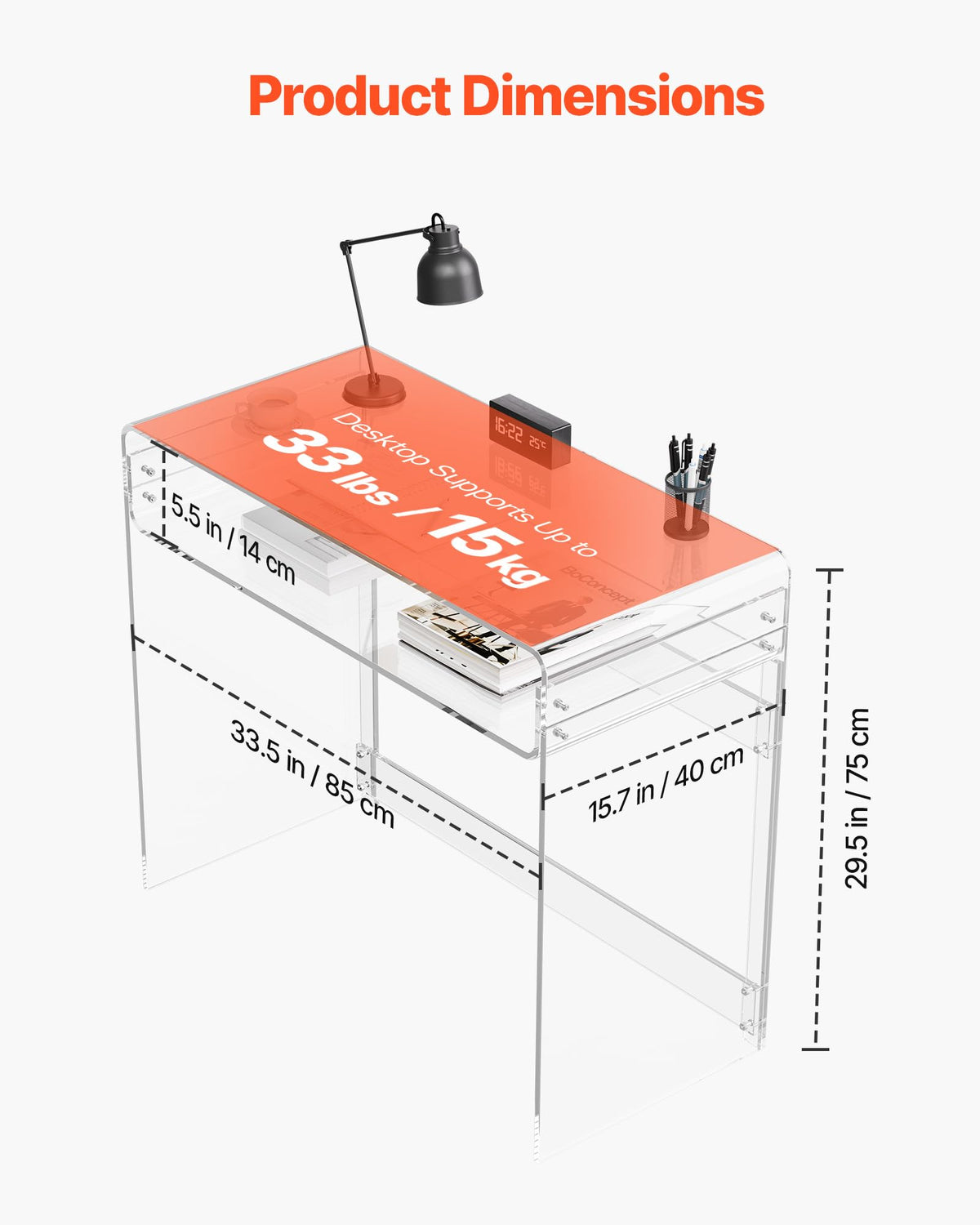 VEVOR Acrylic Desk, Clear Laptop Study Desk with Storage Shelf, Modern Transparent Console Table for Home Office, Living Room, Bedroom, Entryway, 33.5" W x 15.7" D x 29.5" H