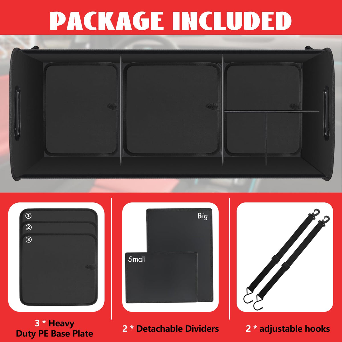 Car Trunk Organizer,Heavy Duty Collapsible 95 L Capacity Car Trunk Storage Organizer,Multi-Compartment Pockets, Adjustable Straps - Ideal for Travel, Camping, Shopping,Perfect for SUV, Truck, Sedan