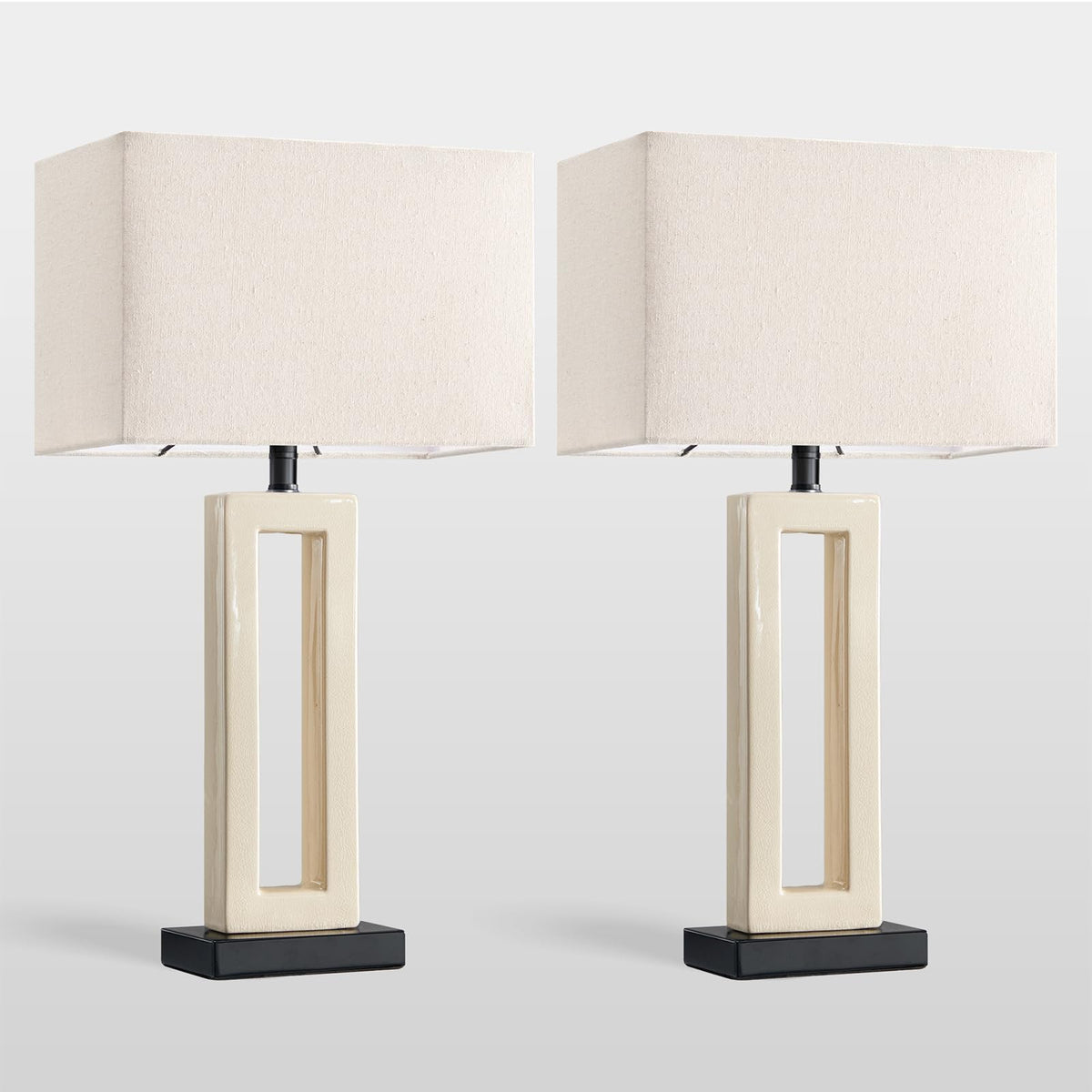 Vortether 22" Modern Ceramic Table Lamps Set of 2, Cream Crackle Glaze Hollow Bedside Lamps with Linen Shade, 5ft Cord Rotary Switch E26 Base Nightstand Lamps for Bedroom Living Room Entryway Decor