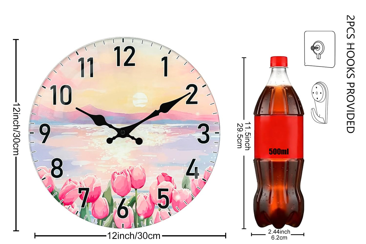 TGHHPC 12-Inch Spring Tulip Sunset Wall Clock, Silent Non-Ticking Battery Clock with Premium Glass Silent Movement Large Number Clocks for Romantic Bedroom Relaxing Living Room Office Kitchen Hotel