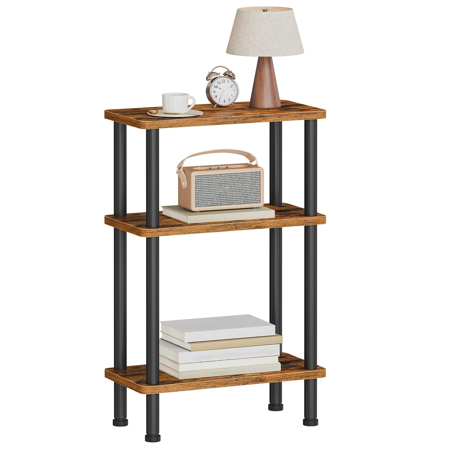 HOOBRO Narrow Side Table, 3-Tier Slim End Table No Tools Needed, Twist-On Assembly, Skinny Nightstand Sofa Storage Shelf for Living Room, Bedroom, Study, Rustic Brown and Black BF246BZ01N1