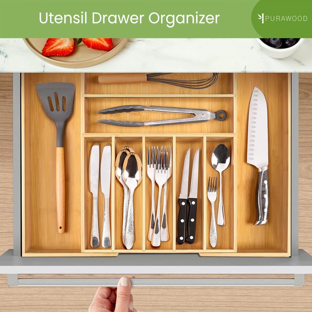 Purawood Bamboo Drawer Organizer - Expandable Silverware Organizer & Utensil Drawer Organizer, Cutlery Tray with Dividers, 7-9 Slots- Kitchen Organizer for Utensils & Flatware (Natural)