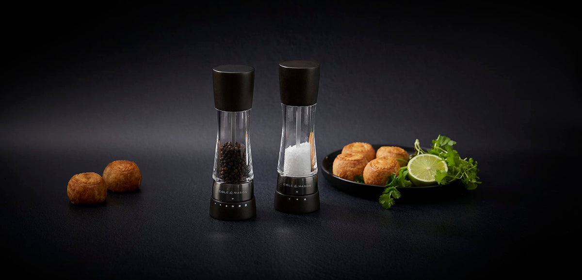 Cole & Mason H332293 Derwent Black Wood Salt and Pepper Mills, Gourmet Precision+, Adjustable Grind, Stained Beech/Acrylic, 190 mm, Gift Set, Includes 1 Salt and 1 Pepper Grinders