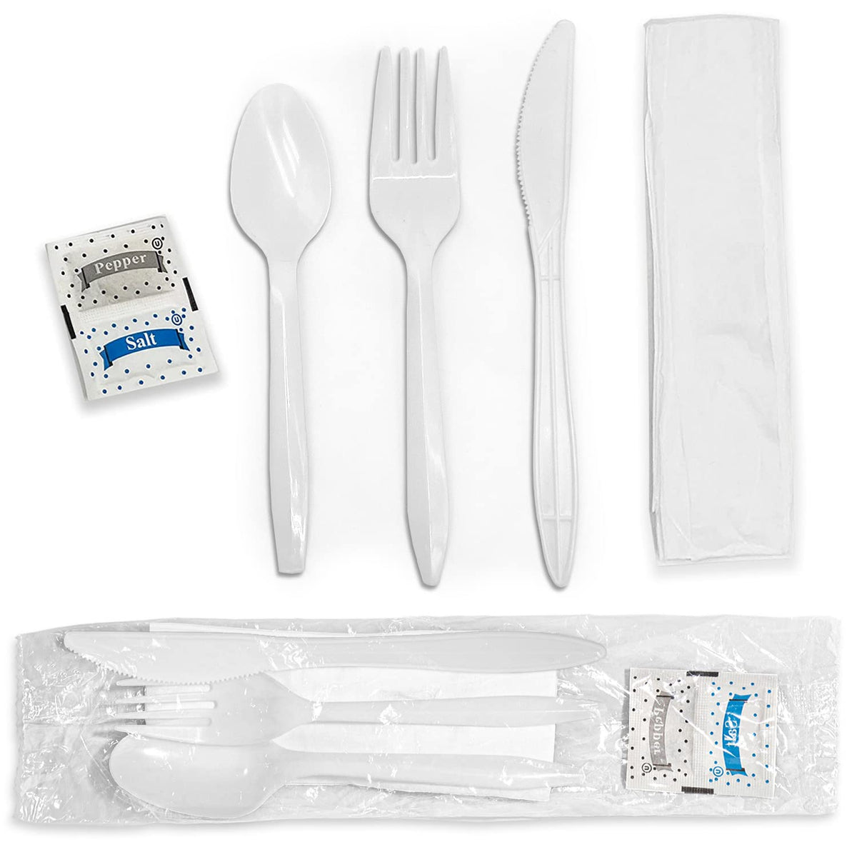 Individually Wrapped Plastic Cutlery Set with Napkin + Salt & Pepper Packets in White (250 Count) Prewrapped Disposable Silverware Bags, Bulk Utensils: Fork, Knife, and Spoon for Togo Eating