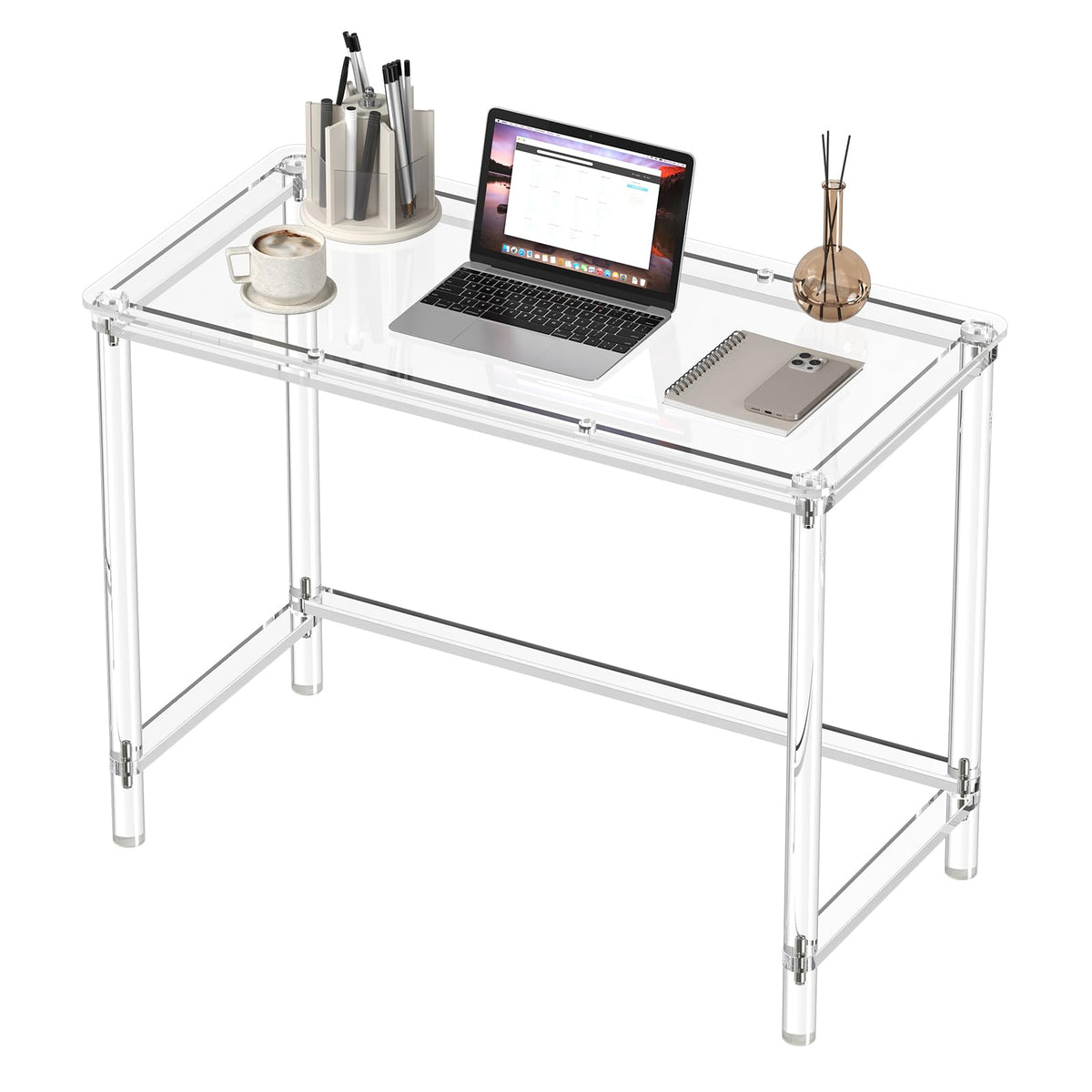 HMYHUM Acrylic Computer Desk, 40 Inch Clear Home Office Desk for Laptop, Study, Writing, Vanity Table with Cylindrical Legs, Modern, Easy Assembly