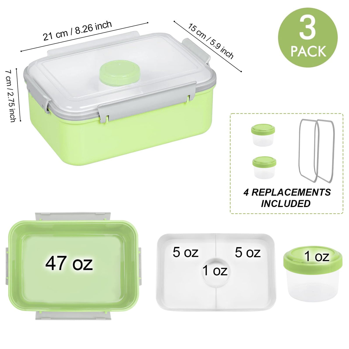 3 Pack Salad Lunch Box Food Storage Containers, 47oz Bento Box To Go Container with Lids, ReusableMeal Prep Containers with Removable Tray & Dressing Pots for Kids and Adults, Microwavable