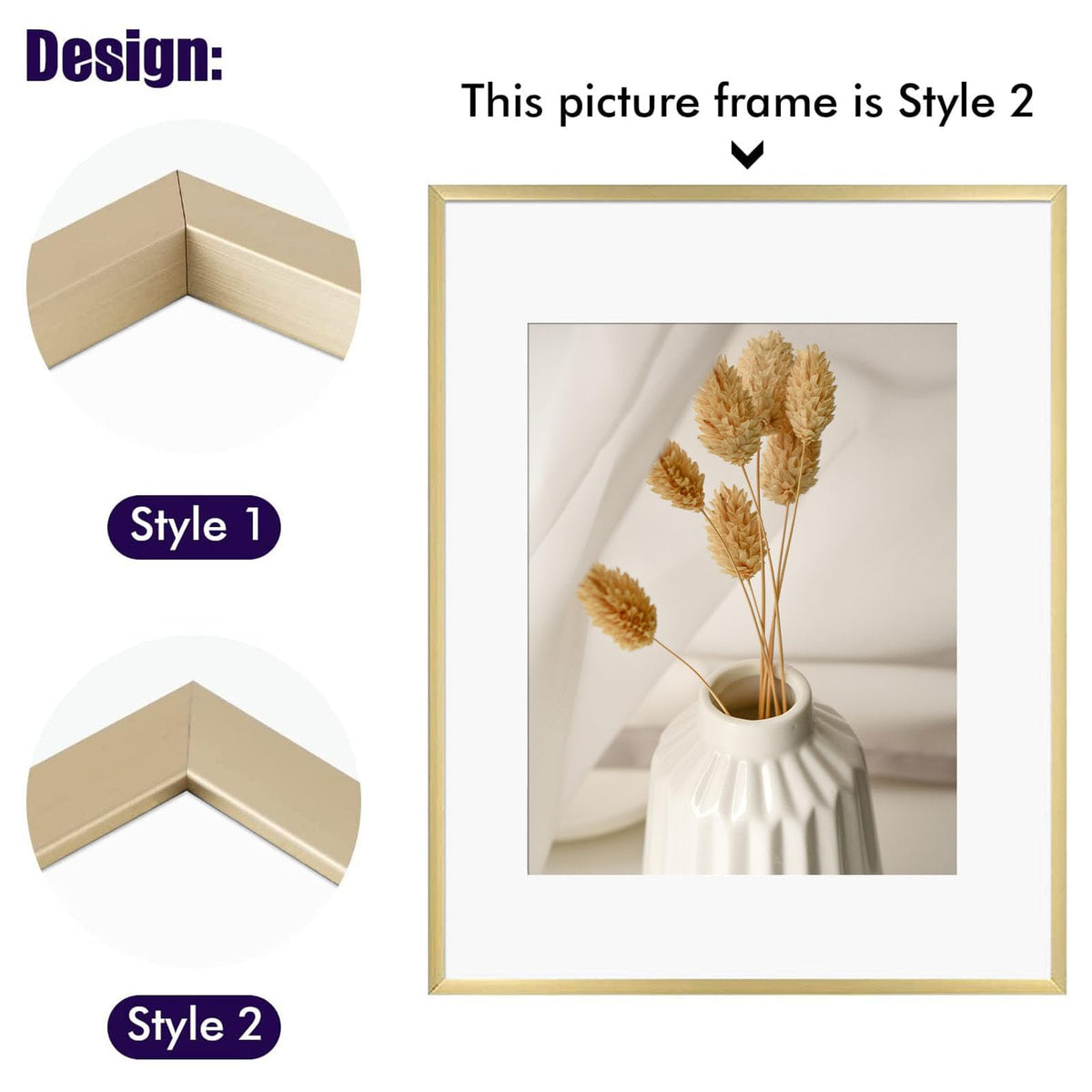 Golden State Art, Aluminum Gallery Wall Frame Set of 7 - Includes One 11x14, Two 8x10, and Four 5x7 - Metal Frames with Mat & Real Glass Cover for Elegant Home or Office Decor (Style 2, Gold)