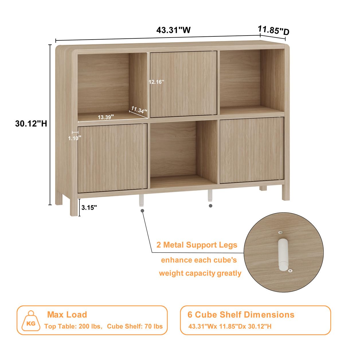 FATORRI 6 Cube Horizontal Bookshelf with 3 Doors, Modern Wood Book Shelf with Storage, Low Cubby Bookcase for Home Office (Light Walnut)